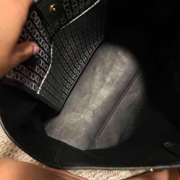 Tory Burch Gemini Link Canvas Tote Navy Black Striped Chain Print Large Bag - Picture 7 of 16